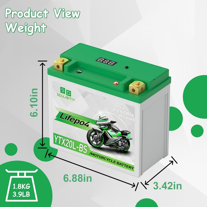SDULIBITIY بطارية دراجة نارية ليثيوم LiFePO4 YTX20L-BS 12.8V 10Ah 580-750CCA بطارية رياضية للدراجات النارية متوافقة مع ATV و UTV و جت سكي و 4 عجلات و سكوتر و PWC و Seadoo و Polaris وبطارية مولدات - Image 5